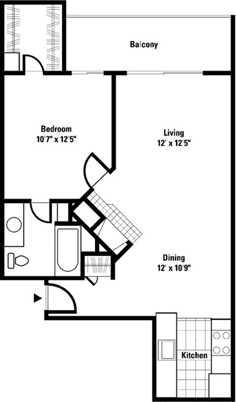 Floor plan for 1 bed, 1 bath, 692 sqft